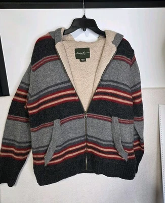 Eddie Bauer 男式羊羔羊毛拉链毛衣灰色和红色条纹 Xl — 第 1/4 张图片
