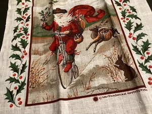 SANTA On A Bike! Smithsonian Institution Linen Vtg Kitchen Towel Reindeer Holly - Bild 1 von 8