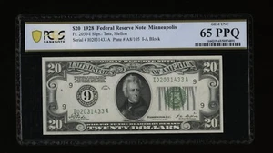 DBR 1928 $20 FRN Minneapolis Numeral Fr. 2050-I PCGS-B 65 PPQ Serial I02031433A - Picture 1 of 2