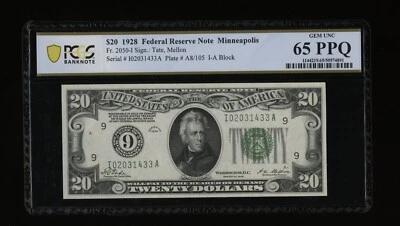 DBR 1928 $20 FRN Minneapolis Numeral Fr. 2050-I PCGS-B 65 PPQ Serial I02031433A - Image 1 of 2