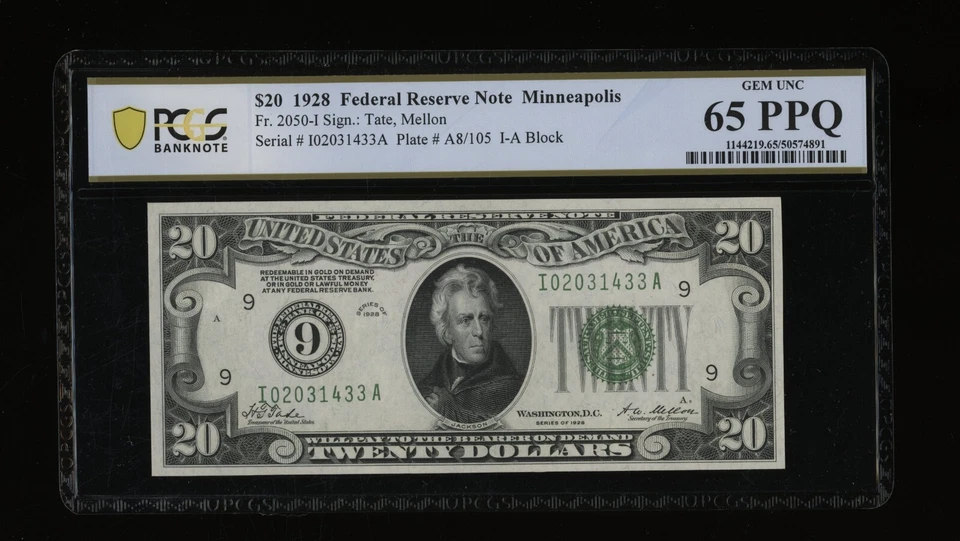 DBR 1928 $20 FRN Minneapolis Numeral Fr. 2050-I PCGS-B 65 PPQ Serial I02031433A - Image 1 of 2