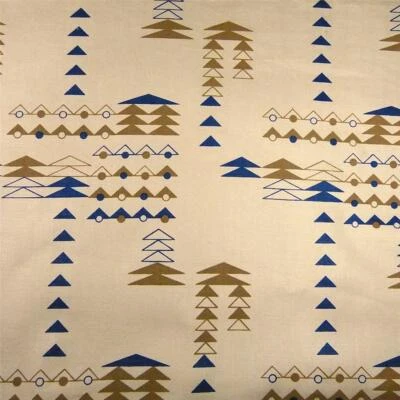 52" W Linen Cotton Rayon Home Decor Fabric, Geometric Blue, Brown on Cream BTY - Image 1 of 4