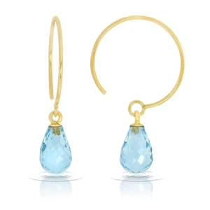 Natural Blue Topaz Gemstone Hoop Earrings 1.35 Carat Real Solid 14k Yellow Gold - Picture 1 of 5
