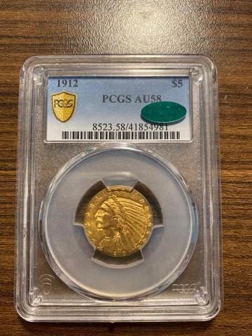 1912-P Indian Head $5 Gold Half Eagle PCGS AU 58 CAC Five Dollar Gold Cover