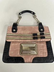 GUESS Vintage Bling Bow Pink Beige Black  Faux Snake Croc Gator Handbag Satchel - Picture 1 of 7