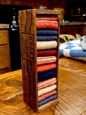 Old Wooden Kraft Cheese Box W/ Scraps Of Early Lindsey Coverlets Textiles - Image 1 of 4