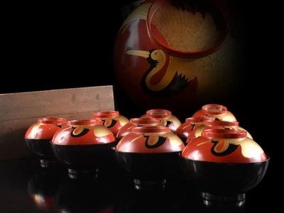 Y426: XF Japonés Madera Lacada Grúa TAZÓN DE SOPA/plato 10 piezas, con caja firmada Foto 1 de 4