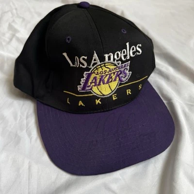 Vintage Los Angeles Lakers LA Snapback Hat Twins NBA Split Bar Black Purple Cap - Image 1 of 4
