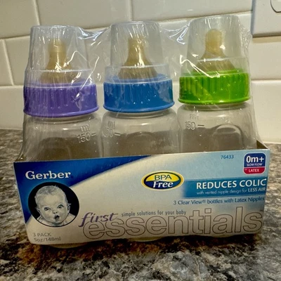 3 NEW Gerber First Essentials 2008 Baby Bottles Latex Nipples 4m+ SEALED 5oz - Image 1 of 3