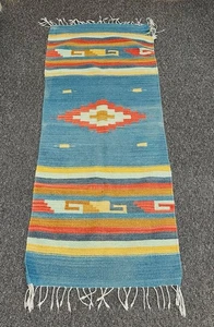 Vintage Southwestern Native Zapotec Rug Kilim Rug Weaving 57” X 25” Teal Blue - Picture 1 of 7