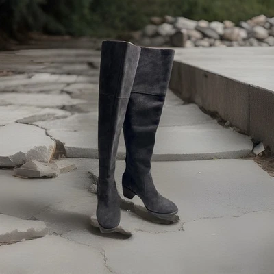 Botas Lucky Brand Rayla Gris Gamuza Cuero Tacón Bloque Cremallera Trasera Sobre la Rodilla 8M/38 Foto 1 de 4