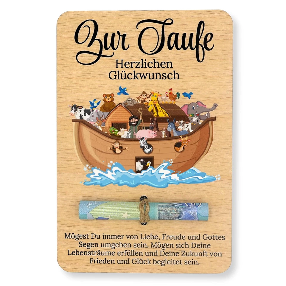 Verpackung für Geldgeschenke zur Taufe - bunter Druck Holz - Bild 1 von 4