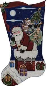 Needlepoint Handpainted Rebecca Wood Christmas Stocking Down Chimney 19" - Picture 1 of 4