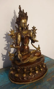Ancienne Statue Tara Blanche Du Népal, Bronze, Visage Doré Au Feu, 5,1Kg 36Cm - Imagen 1 de 5