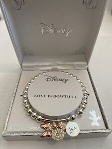 NEW Disney Minnie Mouse Love Is Bowtiful Beaded Charm Silver Plated Bracelet