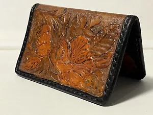 Tooled Leather Mini Bifold Card Wallet Western Floral Handcrafted - Picture 1 of 8