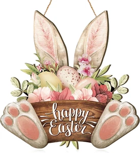 Easter Wreaths for Front Door Bunny Welcome Wood Sign Door Hanger Spring Decorat - Picture 1 of 14