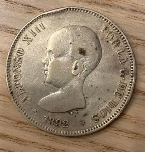 Nice Original 1892 Spain 5 Pesetas Silver Coin DETAILS - Picture 1 of 2