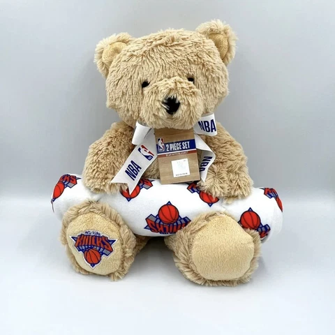 New NBA 2 Piece Set NBA New York Knicks Ribboned Teddy Bear NY Knicks Blanket Cover