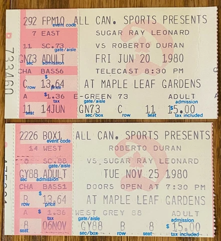 2 different DURAN VS LEONARD MAPLE LEAF GARDENS BOXING 1980 CLOSED CIRCUT STUBS Cover