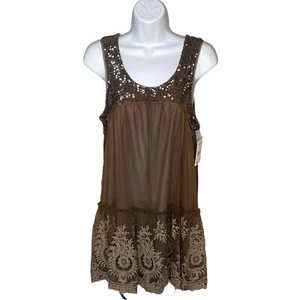 Free People Mirror Mirror Sequin Tunic Tank Cutout Brown Floral Embroidered Sm - Picture 1 of 9