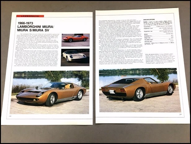 Lamborghini Miura Car Review Print Article with Specs SV 1966 1968 1970 1971 238 - Image 1 of 1