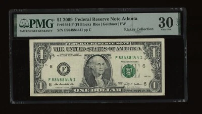 DBR 2009 $1 Binary 8/4 Atlanta Fr. 1934-F PMG 30 EPQ Serial F88488444I - Image 1 of 2