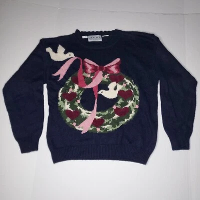 Vintage Jantzen Granny Sweater Knit Embroidered By Hand Heart Wreath Doves Blue - Image 1 of 4