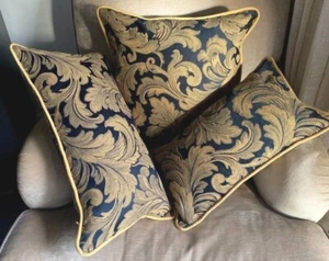 ❇️ NEW Navy Gold Leafy Cushion Covers SILK piping Oblong / Feature Ob. or Square - Picture 1 of 14