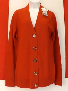 NWT TORY BURCH SIMONE JASPER MERINO WOOL GOLD REVA LOGO BUTTON CARDIGAN S $225 - Picture 1 of 12