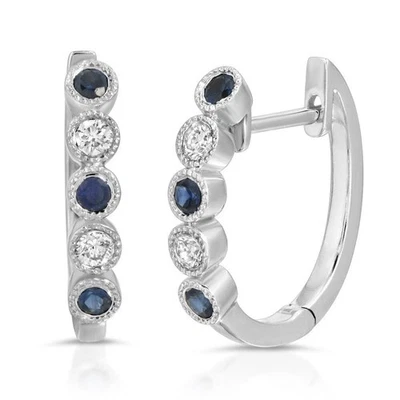 Pendientes tipo argolla de diamantes y zafiros azules de 0,30 quilates de oro blanco de 14 quilates Foto 1 de 4