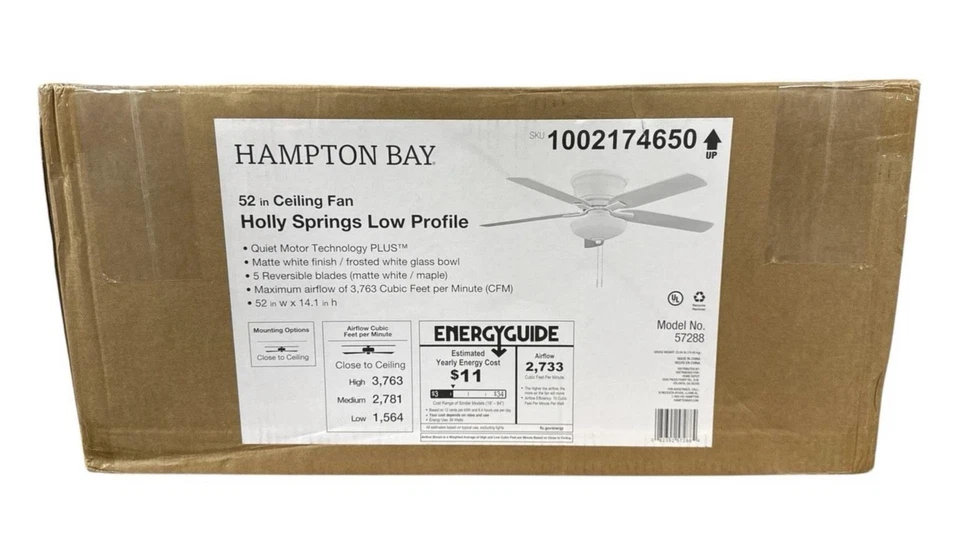 Hampton Bay Holly Springs 52" LED Ceiling Fan Low Profile Matte White Light Kit - Image 1 of 4
