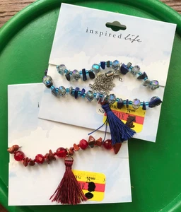 Pulseras elásticas Inspired Life 3 piezas con cuentas de cristal y piedra pulida azul rojo nuevas - Imagen 1 de 7