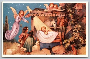 Antique Postcard Nativity scene Christmas birth of Jesus Christ bunny rabbit A91 - Picture 1 of 2