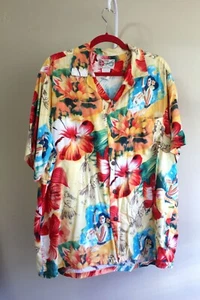 Camicia Hilo Hattie uomo XL rayon con bottoni aloha manica corta hula lady ibisco - Foto 1 di 6