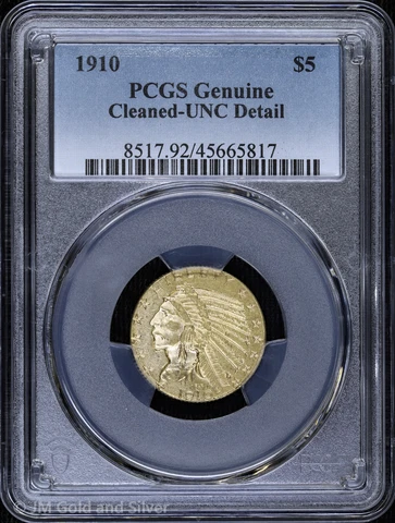1910 $5 Gold Indian Head Half Eagle PCGS Genuine UNC Detail Cover