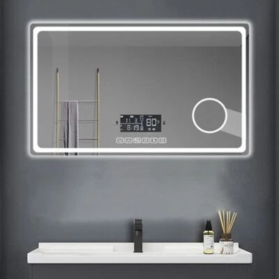 LED Badspiegel Touch+Beschlagfrei+Uhr+3 fach Lupe+Bluetooth Wandspiegel Memory - Bild 1 von 4