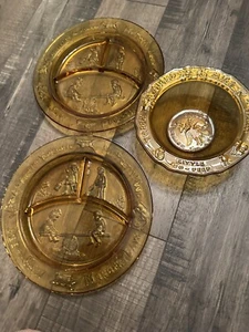 3 Pc Tiara Indiana Glass Amber Child's Nursery Rhyme Set Mother Goose - Picture 1 of 13