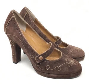 Isabella Fiore Mary Jane Heels Womens Brown Suede Embroidered Pumps 8.5M ITALY  - Picture 1 of 9