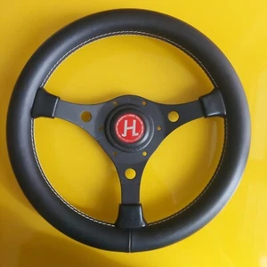 VOLANTE SPORTIVO SELM ANNI '60 + COPRIMOZZO H-PULSANTE CLACSON-33 CM-PELLE - Picture 1 of 11