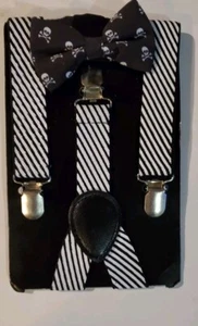 Suspenders & Bow tie Black & White Skulls On Bow Tie( Great For Halloween ) - Picture 1 of 4