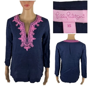 Top túnica Lilly Pulitzer para mujer XS Amelia Island 100 % lino azul rosa 12759 - Imagen 1 de 9