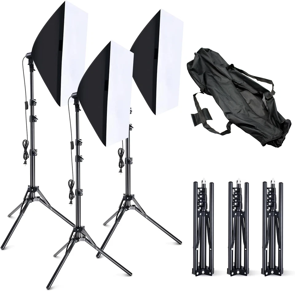 Studio Lighting Kit 3x 105w CFL w/ 20" Soft Boxes Boom Stand & Lamp Stands - Image 1 of 1