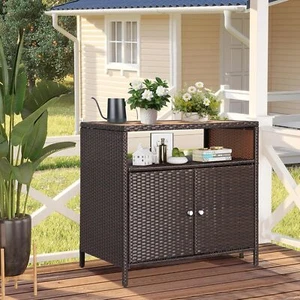 Outdoor Wicker Storage Cabinet Bar Patio BBQ Sideboard Buffet Cabinets 2-Door - Picture 1 of 9