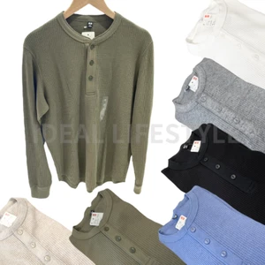 UNIQLO Waffle Henley Neck Long-Sleeve T-Shirt S-4XL Round-Hem Men 479784 NWT - Picture 1 of 27