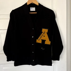 Vintage AMF Letterman Cardigan Sweater Jacket 1970s Black Yellow A Tri Hi Y pin - Bild 1 von 9
