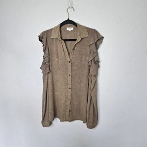 Umgee Ruffle Cold Shoulder Button Up Green Blouse Long Sleeve Size M Medium - Picture 1 of 10