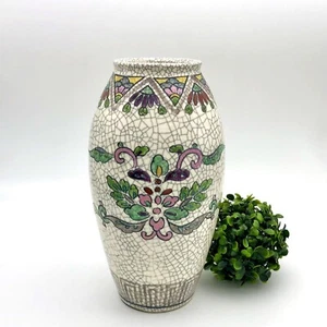 Japanese Hand Painted Crackle Vase Floral Mask Scroll Greek Key Border Vintage - Picture 1 of 12