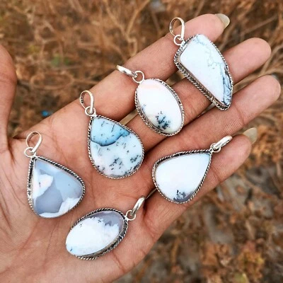 Lote elegante de pingente de cura folheado a prata esterlina 925 pedra preciosa opala dendrita ~ - Imagem 1 de 2