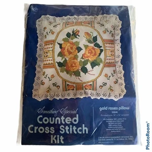 Vintage Candamar Designs Gold Roses Pillow Counted Cross Stitch Kit 14x14 50046 - Picture 1 of 6